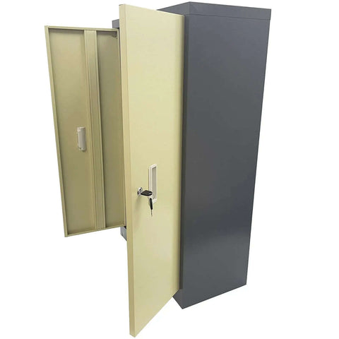 60 Drawer Parts Cabinet Nut And Bolt Organizer Lockable Metal Bin Cabinet With Partitions Labels And Doors for Hardware Storage in Garage Workshop Built To Last, grey and beige steel construction with open lockable doors.