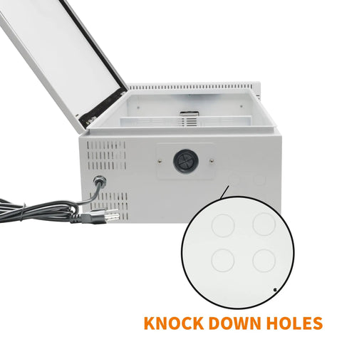 Kickass Weatherproof Outdoor Electrical Box Heavy Duty Cold Rolled Steel Enclosure showing knock down holes in open position.
