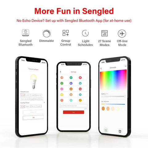 Smartphone screens showing app control for Alexa Ready Smart Light Bulbs 100W Equivalent A19 LED, 1500 Lumens, Dimmable.