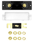 250A Inline ANL Fuse Holder Pack Of 4 For Car Audio Amplifiers, 0, 2, And 4 Gauge Wiring, Corrosion Resistant Terminals, High Temp ABS Base, Crystal Clear Lid For Quick Fuse Status, Includes 2 Mounting Holes, top view with clear lid and terminals