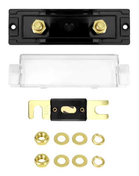 250A Inline ANL Fuse Holder Pack Of 4 For Car Audio Amplifiers, 0, 2, And 4 Gauge Wiring, Corrosion Resistant Terminals, High Temp ABS Base, Crystal Clear Lid For Quick Fuse Status, Includes 2 Mounting Holes, top view with clear lid and terminals