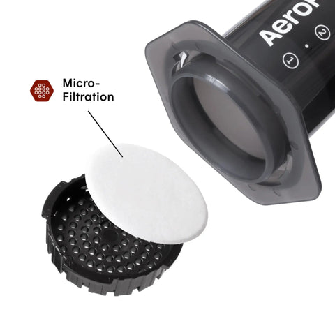 Close-up of micro-filtration component for All In One French Press Pour Over And Espresso Style Manual Brewer For Quick 2 Minute Brews