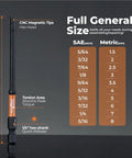 Heavy Duty Impact Allen Wrench Drill Bit Set 20 Piece Metric And Sae Hex Key Bits With Shock Absorbing Torsion Zone 4 inch length chart showing sizes.