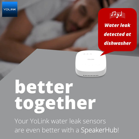 Long Range LoRa Water Leak Sensor 3 Pack With Flood Detector Alerts displayed with alert notification and YoLink branding.
