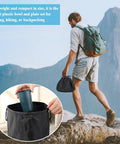 Man hiking with Camping Mess Kit For Two With Plates, Bowls, Cups, Utensils, And Carry Bag in mountains, close-up insert of bag use