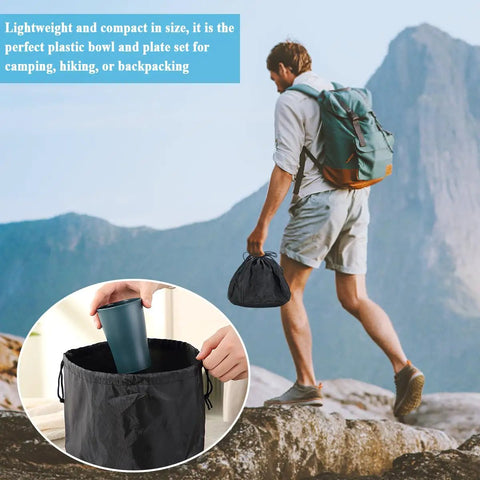 Man hiking with Camping Mess Kit For Two With Plates, Bowls, Cups, Utensils, And Carry Bag in mountains, close-up insert of bag use