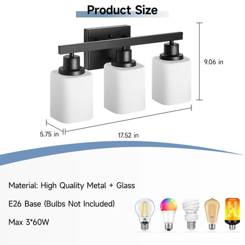 Straight Up Solid 3 Light Bathroom Vanity Lights With Square Frosted Glass Shades Matte Black Wall Sconces, size 17.52x5.75x9.06 in.