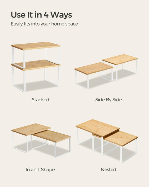 Stackable Cabinet Organizer Shelves Set Of 4 Hella Super Convenient Kitchen Pantry Storage in various arrangements.