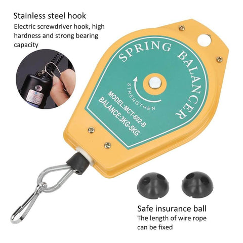 Retractable Spring Balancer for Tools, 3 to 5 kg (6.6 to 11 lbs), shown with fixture holder, fittings, and heavy duty bearing system.