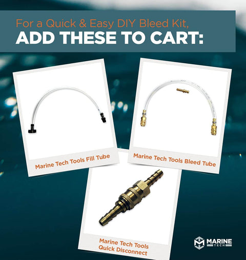 Marine Tech Tools bleed tube, fill tube, and quick disconnect for Seastar hydraulic systems, showcasing easy DIY bleed kit components.
