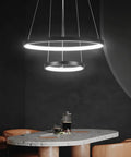 Black Dope Two Ring LED Chandelier For High Ceilings, Sleek Modern Hanging Light For Living Room Foyer And Dining Area.