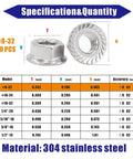 Serrated Flange Nuts Size 8-32, 304 Stainless Steel, Full Thread Hex Lock Nuts, 50 Pack with specifications table