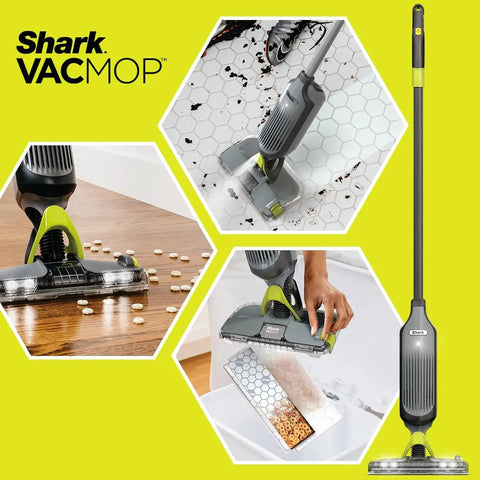 VACMOP Disposable Hard Floor Pad Refills cleaning tiles and hardwood with VM252 VM180, locking debris in built-in chamber, 3-pack visible.