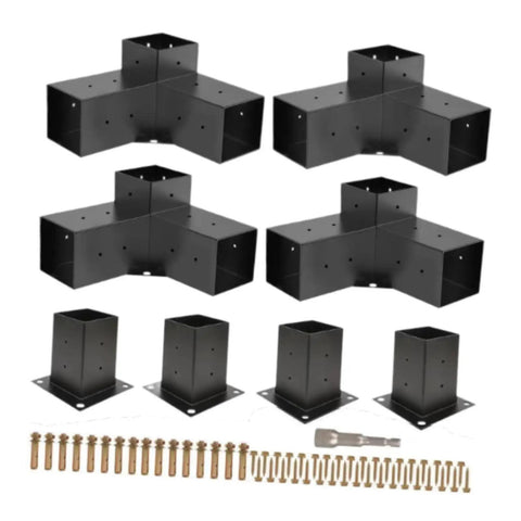 Tough As Nails 4Piece 3Way Corner Brackets Kit With Post Bases And Mounting Hardware. Heavy duty steel connectors and screws for outdoor use.