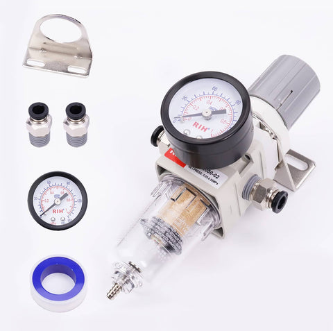 Pro Grade 1/4 Inch NPT Air Filter Regulator Combo Piggyback With 5 Micron Brass Element Poly Bowl Semi Auto Drain Metal Bracket Gauge