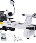 12x18 Inch Wood Lathe With Infinitely Variable Speed 650 To 3800 RPM, Three Quarters Horsepower Benchtop Lathe For Woodworking And Woodturning, Includes Belt And Goggles, Model WL460-12VF on a table with accessories.