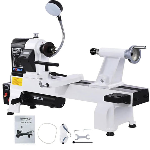 12x18 Inch Wood Lathe With Infinitely Variable Speed 650 To 3800 RPM, Three Quarters Horsepower Benchtop Lathe For Woodworking And Woodturning, Includes Belt And Goggles, Model WL460-12VF on a table with accessories.