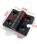 Close-up of a black 10 Pack Nylon Plastic Butt Hinge for Wooden Boxes showing dimensions, lightweight, easy install.