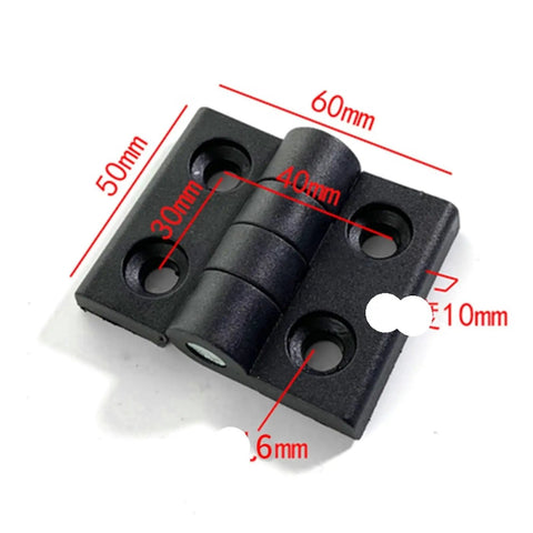 Close-up of a black 10 Pack Nylon Plastic Butt Hinge for Wooden Boxes showing dimensions, lightweight, easy install.