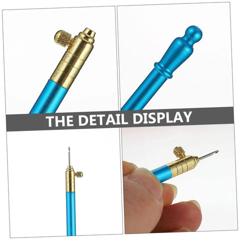 Close-up of Beginner Friendly Embroidery Hook Needle Set with non-slip metal handle showing detailed blue and gold design.