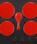 Four Piece Stove Burner Covers Set With Ceramic Spoon Rest And Stainless Steel Top Protector For Gas And Electric Stoves in red.