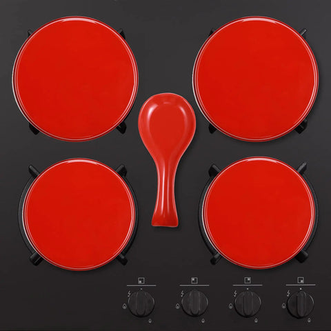 Four Piece Stove Burner Covers Set With Ceramic Spoon Rest And Stainless Steel Top Protector For Gas And Electric Stoves in red.