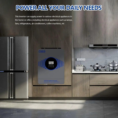 Hybrid Solar Inverter 4200W Power Up Dual 12V To 24V Output Pure Sine Wave Off Grid Home And RV Backup Power MPPT 100A Built In BMS RS485 4000W PV Input shown in a kitchen with appliances