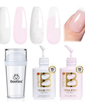 French Tip Gel Polish Peach Mousse 15ml Kit With French Tip Stamp, HEMA-Free White And Light Pink Gels, Soak-Off UV LED Lamp Nail Art Kit
