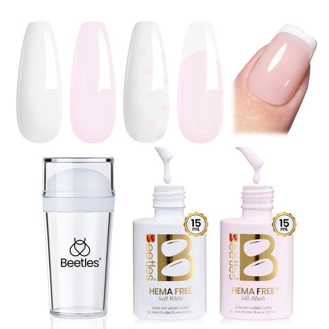 French Tip Gel Polish Peach Mousse 15ml Kit With French Tip Stamp, HEMA-Free White And Light Pink Gels, Soak-Off UV LED Lamp Nail Art Kit