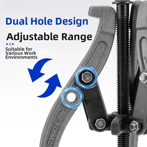 Heavy Duty Hydraulic Bearing Puller Set Featuring Three And Two Claw Jaws for knocking out stubborn gears, showcasing dual hole design and adjustable range.