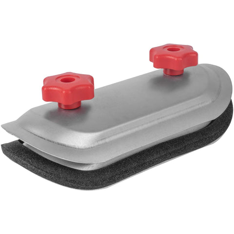 Close-up of 4-inch round duct access door, galvanized steel with red knob handles and rubber gasket