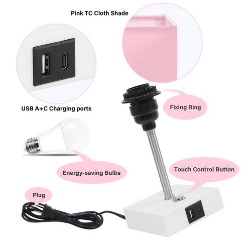 Pink Touch Control Table Lamp With 3 Way Dimmable Brightness And USB A And USB C Ports, White Base Modern Nightstand Light components