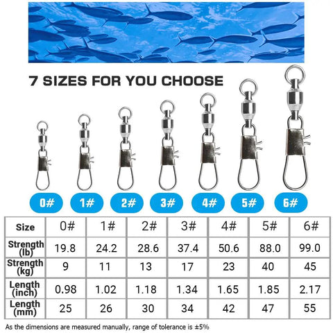 Interlock Snap Ball Bearing Fishing Swivels For Saltwater And Freshwater Tackle High Strength Corrosion Resistant Leader Lure Line Connectors 25 Pieces 20 Lb Capacity, 7 sizes chart