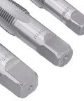 Rock Solid Six Piece NPT Pipe Tap Set Made From Super Strong Carbon Steel For Easy Plumbing Repairs, PVC Fitting Fixes And Auto Work Including Rethreaded Jobs On 18 To One Inch Pipes. 1/2in, 3/4in and 1in taps