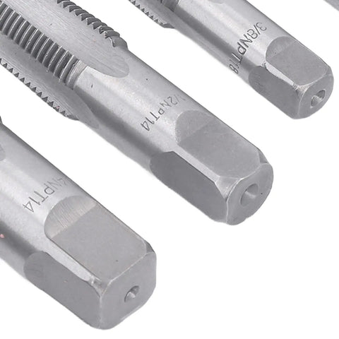 Rock Solid Six Piece NPT Pipe Tap Set Made From Super Strong Carbon Steel For Easy Plumbing Repairs, PVC Fitting Fixes And Auto Work Including Rethreaded Jobs On 18 To One Inch Pipes. 1/2in, 3/4in and 1in taps