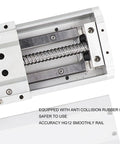Beefy CNC Linear Motion Rail Guide Electric Linear Stage Actuator With 100mm Stroke Dust Cover For NEMA23 Motor showing anti-collision rubber pad.