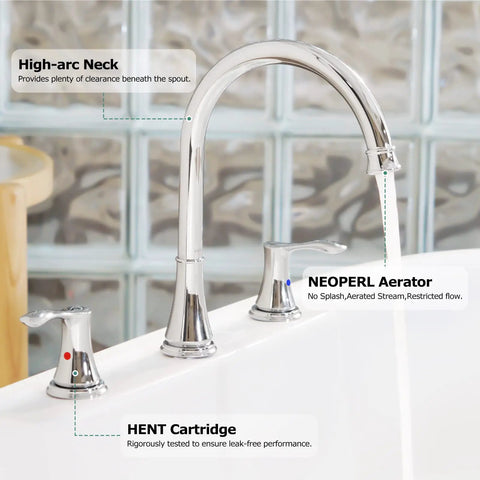 High Arc 2-Handle Widespread Roman Tub Faucet With Valve And Supply Lines Chrome Finish Demeter 1436201 in bathroom setup