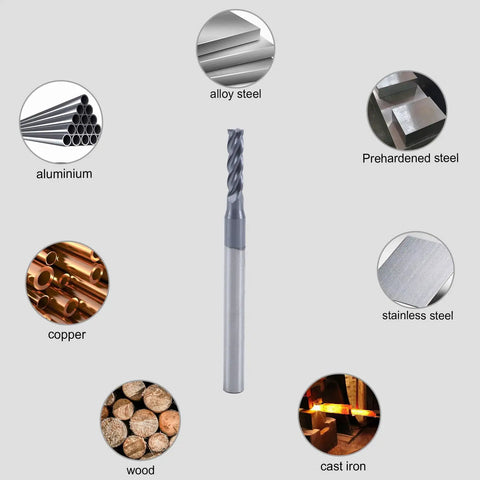 Three Thirty Second Inch Carbide End Mill Set With Four Flute Micro Grain Bits for alloy steels, hardened steels, aluminum, copper