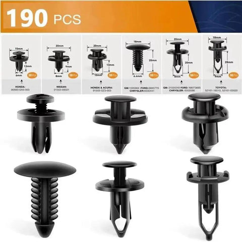 190 Piece Car Plastic Bumper Clip Kit With 6 Styles Retainer Fasteners And Push Rivets for auto body repairs shown