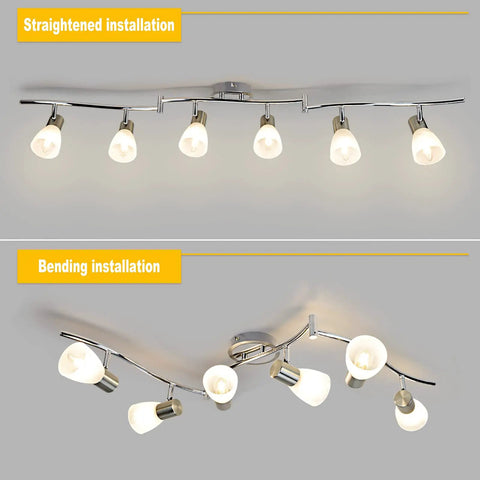 Six-Light Flexible Track Lighting Rail With Glass Shade LED Spot Ceiling Lights in straightened and bending installation views
