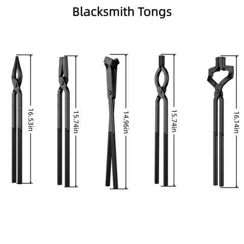 Five Piece Blacksmith Tools Kit With Pro Grade V Bit Tongs V Bit Bolt Scrolls Square Jaw And Blade And Hammer