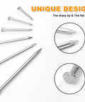 500Pcs Stainless Steel Wall Nails Set, 6 Sizes Finishing Nails For Hanging Picture Frames Like A Pro, Shelves, Wood And Drywall, showing sharp tips and flat heads.