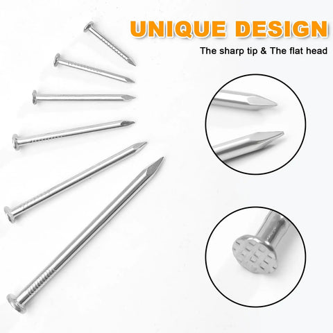 500Pcs Stainless Steel Wall Nails Set, 6 Sizes Finishing Nails For Hanging Picture Frames Like A Pro, Shelves, Wood And Drywall, showing sharp tips and flat heads.