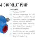 Blue 4 Roller Cast Iron Sprayer Pump With Viton Seals, side view, showing connectors and shaft, 7.2 GPM at 150 PSI, 2600 RPM