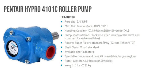 Blue 4 Roller Cast Iron Sprayer Pump With Viton Seals, side view, showing connectors and shaft, 7.2 GPM at 150 PSI, 2600 RPM