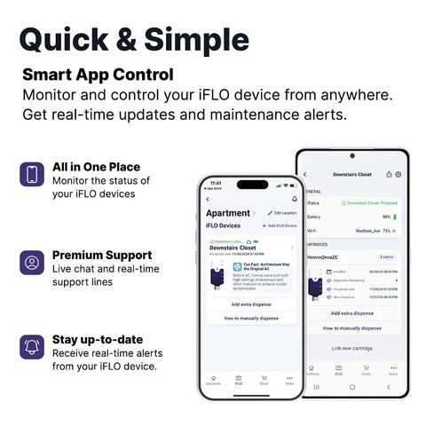 Smart app control for Smart AC Drain Line Cleaner Cartridge With Bio Enzymatic Formula, 3 Month Supply per Bottle shown on smartphones