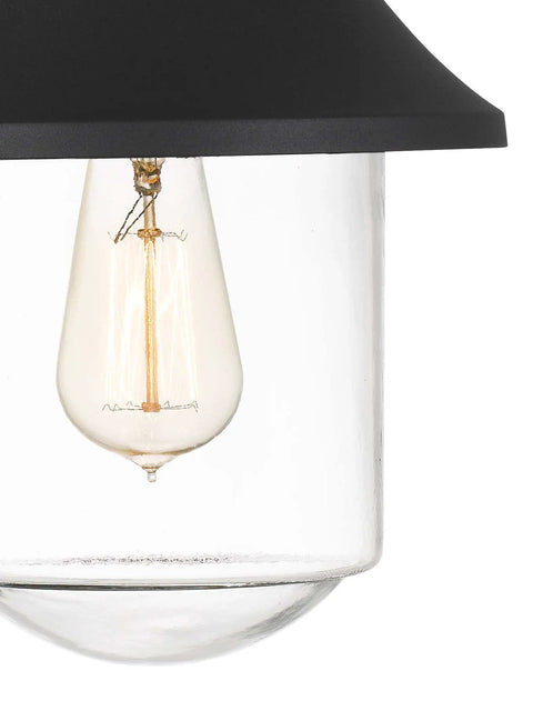 Outdoor Wall Lantern 1-Light Exterior Matte Black Sconce With Clear Glass Cylinder Shade close-up view