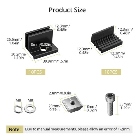 Product size chart for Heavy Duty Solar Panel End Clamps 10 Piece Kit Adjustable 30 To 50 Millimeter Roof Brackets with measurements.