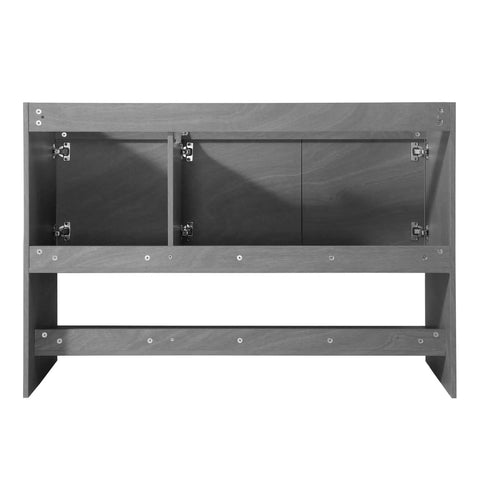 Slick 48 Inch Bathroom Vanity With Built In Sink And Modern Silhouettes Featuring Buttery Smooth Soft Close Doors Spacious Storage Drawers And A Rock Hard Finish Designed For Tiny Baths Requiring Full Assembly gray cabinet with open sections and hinges