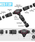Heavy Duty M23 Three Way T Shape Junction Box With Tank Ready IP68 Waterproof Seal, Pro Grade Outdoor Electrical Wire Splitter, 500 Volt 35 Amp, Straight Fit Setup For Cables Seven To Fifteen Millimeters Wide detailed assembly parts.